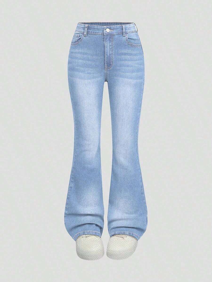 Explorewe Jeans de mezclilla estilo Y2K versátiles lavados y desgastados con pierna acampanada y elásticos para niñas adolescentes - Lavado ligero 3 - Ver 1