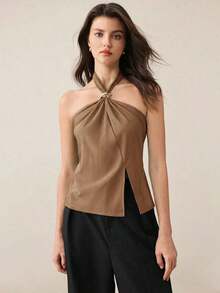 Top con cuello de halter, diseño de botón de metal verde, abertura lateral, elegante y chic para uso urbano y diario, estilo romántico retro de los 90.Adecuado para Navidad, Año Nuevo, San Valentín, fiestas, playa, graduación, moda, carnaval, bod - Marrón 3 - Ver 6