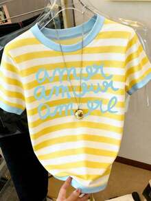Camiseta de mujer de manga corta, cuello redondo, estampado de letras y rayas, informal, para verano - Multicolor 8 - Ver 3
