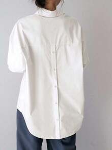 -Less Camisa de mujer de manga larga de un solo pecho, de unicolor, de hombros caídos, para uso casual y de negocios - Blanco - Ver 4