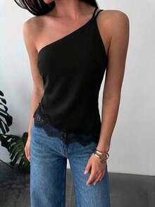 Nueva llegada Primavera/Verano Elegante Top casual de lino color albaricoque con cintura fruncida, bajo asimétrico y espalda descubierta - Negro - Ver 7