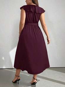 Clasi Vestido de fiesta con cuello en V y ribete de unicolor talla grande, estilo outfit para mujer - Burdeos - Ver 3