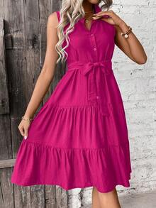 Vestido camisero con volantes en el bajo y cinturón para mujer - Rosa Fucsia - Ver 3