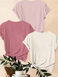 LUNE Set de 3 piezas de blusas de verano: Camiseta casual de talla grande con estampado de leopardo, corazón y eslogan - Multicolor 9 - Ver 2