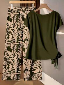 Set de 2 piezas: Blusa morada con lazo minimalista casual + Pantalones rectos holgados con estampado floral, adecuado para vacaciones de primavera/verano - Multicolor 14 - Ver 2