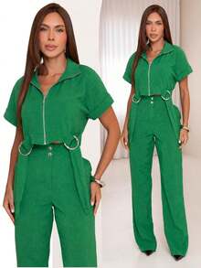 Women's Long Tailored Linen Set - Cropped Blouse And Pants - GREEN SPINACH LINEN - View 1