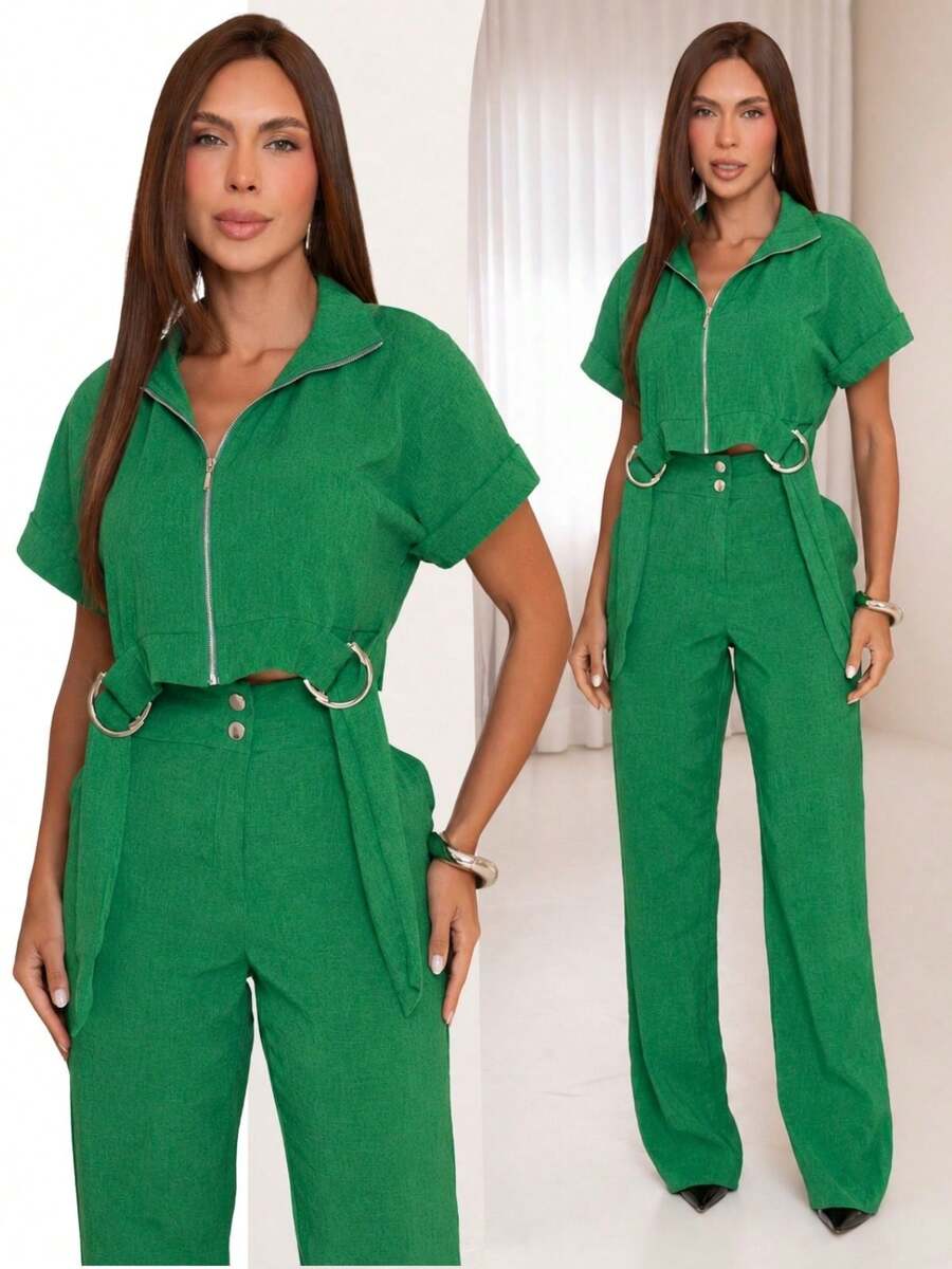 Women's Long Tailored Linen Set - Cropped Blouse And Pants - GREEN SPINACH LINEN - View 1