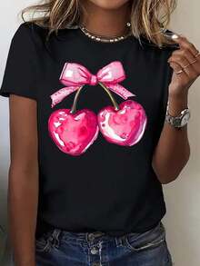Camiseta Vintage con Estampado de Lazo Rosa y Cerezas - Top Casual de Verano para Mujer, Diseño Divertido de Frutas Perfecto para Uso Diario y Salidas - Camiseta Moderna para Mujer - Negro - Ver 1