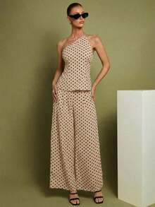 Set de 2 piezas de Top con hombros y pantalones a lunares para mujer, uso casual minimalista de todos los días - Albaricoque - Ver 6