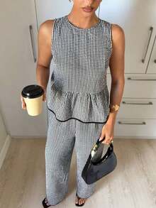 Conjunto informal de 2 piezas de mujer con camiseta de tirantes y pantalones con estampado de cuadros, para verano - Blanco y Negro - Ver 7