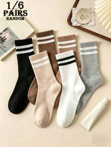 1/6 Pair [Random Delivery] Striped Mid-Calf Socks Unisex, Suitable For All Seasons, Retro College Style Versatile Breathable Comfortable Socks For Daily Commute - Multicolor - View 1