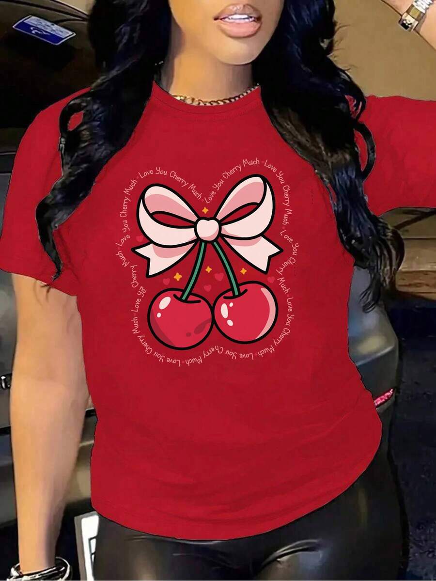 Oversized White T-Shirt With Cherries And The Phrase "Love You Cherry Much", Ideal For Casual And Date Outfits. Loose-Fitting Youth T-Shirt With A Cherry Design And Pink Bow, A Flirty Style To Pair With Jeans Or Leggings. Summer T-Shirt With A Cherry Graphic And Text, A Feminine And Flattering Style. - YH430-紅色 - 查看 1