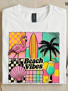 Beach Vibes T-Shirt, R Flamingo Surfboard T1EE, Vintage Summer Vacation Sweatshirt, Tropical Plaid Top. Unisex T-Shirt Made Of 220g Pure Cotton, Ideal Weight For All Seasons, Suitable For Both Men And Women. Durable, High-Quality Fabric, Soft To The Touch And Long-Lasting. Breathable Top. Suitable For Women's Spring And Summer, Vacations, Mother's Day, And Independence Day. - 白色 - 查看 1
