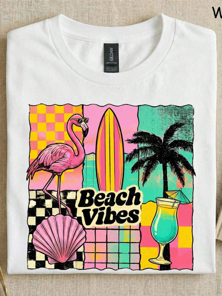 Beach Vibes T-Shirt, R Flamingo Surfboard T1EE, Vintage Summer Vacation Sweatshirt, Tropical Plaid Top. Unisex T-Shirt Made Of 220g Pure Cotton, Ideal Weight For All Seasons, Suitable For Both Men And Women. Durable, High-Quality Fabric, Soft To The Touch And Long-Lasting. Breathable Top. Suitable For Women's Spring And Summer, Vacations, Mother's Day, And Independence Day. - 白色 - 查看 1