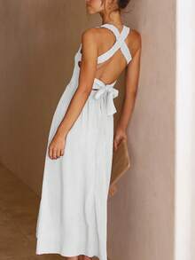 Sleeveless Boat Neck Dress In Solid Cotton Linen With Open Back, Elegant And Sensual European Style For Summer - White - View 4