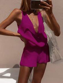 Women's Knit Sexy Top And Shorts Set, Suitable For Daily Wear, Vacation, Japanese Style - Hot Pink - View 2