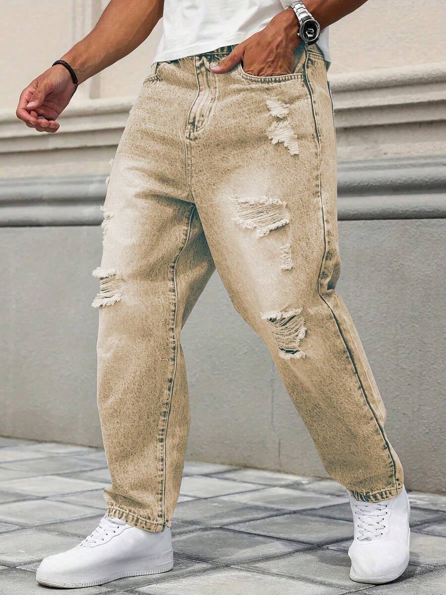 Men's Loose Comfortable Versatile Relaxed Fit Distressed Straight Leg Jeans, Fashionable For Spring & Autumn