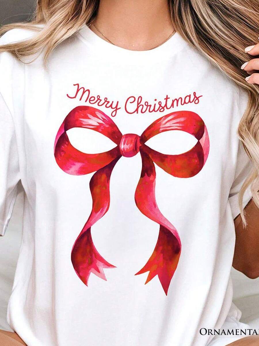 Camiseta navideña con lazo rojo coqueto, camiseta minimalista con lazo para fiestas. Camiseta unisex de algodón puro de 220 g, peso ideal para todas las estaciones, apta tanto para hombres como para mujeres. Tejido duradero de alta calidad, suave al tacto y de larga duración. Top transpirable. Adecuado para la primavera y el verano de las mujeres, vacaciones, Día de la Madre, Día de la Independencia. - Blanco - Ver 1