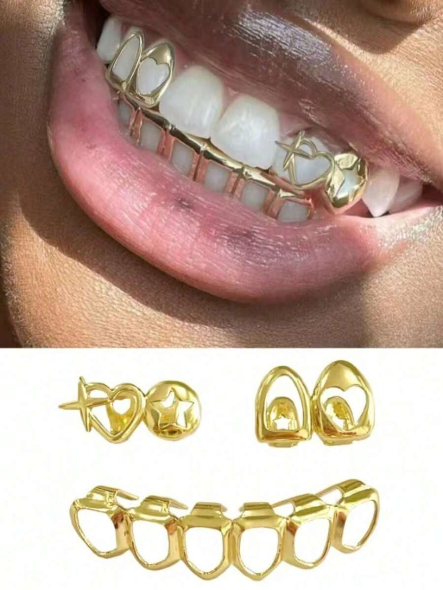 1套歐美嘻哈風鏤空金牙裝飾,萬聖節服裝個性化牙齒配件 - 金色 - 查看 1