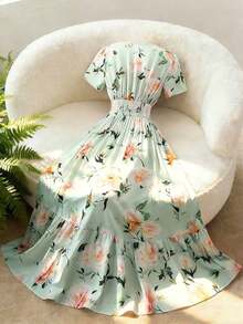 Vestido corto de manga corta con cuello en V y cintura acampanada con estampado floral de rosas para mujer, elegante para uso diario, vacaciones, viajes, San Valentín, citas, estilo callejero francés, vintage, fiestas, con base blanca y patrón de rosas rosadas, nueva llegada para primavera/verano temprano - Multicolor 3 - Ver 2