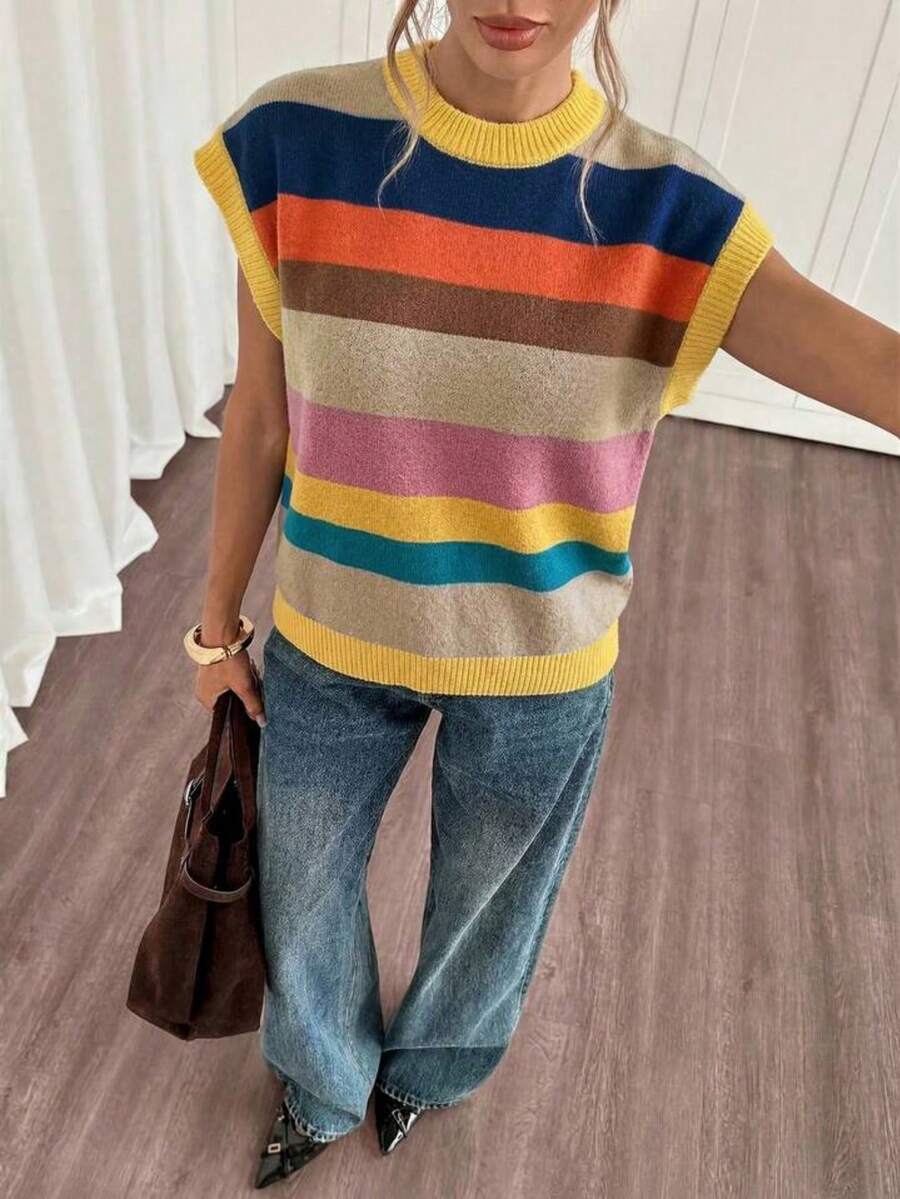 Colorful Striped Knit Sleeveless Tank Top, Loose Drop Shoulder Cropped Fit, Contrast Color Vibrant Youthful Design, Soft Skin-Friendly Versatile Style, Spring/Summer Casual Slimming Top