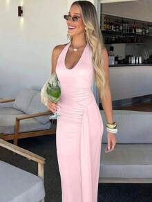 Women's Single-Color Halter Summer Dress With Drawstring, Open Back, Side Slit, Fitted Cut, Elegant And Sensual European Style For Women - 粉色 - 查看 3