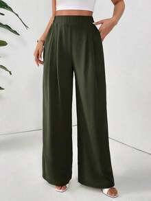 Pantalones básicos largos de mujer con pliegues plegados de unicolor y elegantes para el diario - Verde militar - Ver 5