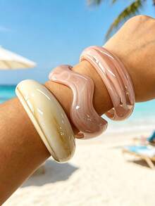 3pcs/1pc Vintage Elegant Casual Resin Bangle Bracelet, Beige & Pink, Suitable For Women's Daily Casual, Party, Spring/Summer Beach Travel, Holiday Gift, 2026 New Arrival - Multicolor - View 1