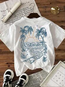 Camiseta Casual de Manga Corta con Cuello Redondo y Estampado de Palmeras para Mujer, Ropa de Vacaciones/Resort, Camisetas Gráficas Unisex, Camiseta Casual Unisex - Blanco - Ver 6