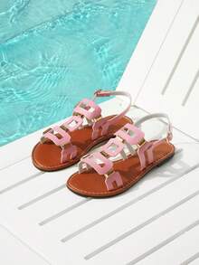 Trivaya Sandalias planas con hebilla cuadrada decorativa para mujer, sandalias de playa de verano - Rosa - Ver 1