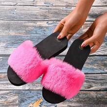 All-Season Comfort, Ladies Fashion Plush Slippers, Fluffy Decor Single Band Slides Spring And Summer Women Sandals, Summer Hand Washable Fabric Upper & Insole, Cozy Home Footwear - Hot Pink - View 1