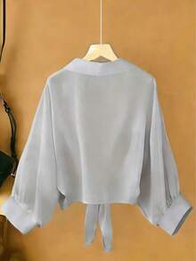 Nueva blusa de gasa de unicolor con chal corto casual de estilo de alas de murciélago para mujeres - Niebla azul - Ver 2