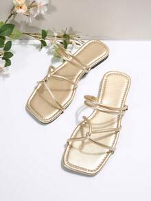 French Solid Color Elegant Vacation Fashion Casual Goddess Commute Retro Business Party Cross Strap Women Simple Fashionable Linear Graceful Elegant Wind Flat Sandals Beach Wedding Party Office Home Outdoor Summer - Gold - View 3