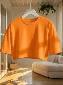 Blusa de mujer de cuello redondo, manga corta, holgada y casual, de estilo minimalista, elegante y sexy Y2K, adecuada para uso diario, oficina, hogar, exterior, primavera/verano - Naranja - Ver 10
