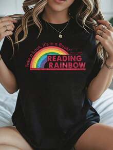 Camiseta Casual para Mujer con Estampado Vintage de Arcoíris: ", mira, está en un libro". Prenda Negra de Verano para el Hogar y Actividades de Ocio. - Negro - Ver 6