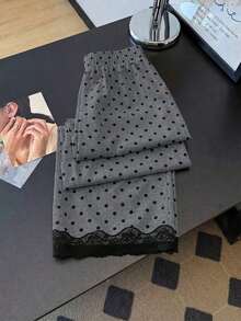 Pantalones rectos sueltos con cintura elástica, estampado de lunares y parches de encaje, adecuados para uso diario.Pantalones de lunares, pantalones con ribete de encaje, pantalones blanco y negro, pantalones de lunares blanco y negro para mujer - Gris - Ver 6
