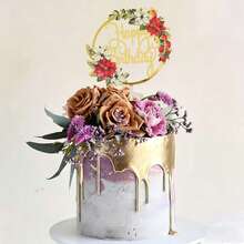3 Stücke/1 Stück Gold Acryl Material Geburtstagskuchen Topper mit Blumenkranz und Blumen, geeignet für elegante Geburtstagsparty, Brautparty und Desserttisch Dekoration - Verschiedenfarbig - Übersicht 2