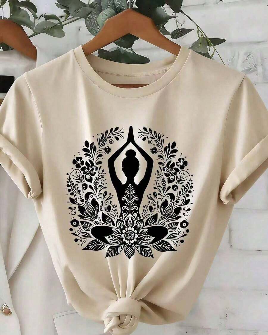 | 100% Algodón Puro y Transpirable | 1pc Camiseta de Manga Corta para Mujeres con Estampado de Mandala de Loto - Diseño Bohemio, Ajuste Cómodo y Transpirable, Cuello Redondo, Top Casual de Yoga, Lavable a Máquina, Ropa para Todas las Estaciones, Top Unisex para Verano-Vintage Street Style Unisexoose Cotton Short Sleeve Crew Neck T-Shirt - Albaricoque - Ver 1