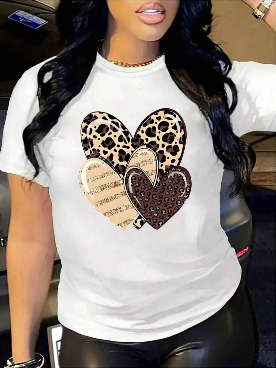 YOCASA Camiseta Casual de Verano para Mujer, con Cuello Redondo, Ajustada y Manga Corta, con Estampado de Pintura al Óleo, Floral, Corazón, Cereza y Patrones de Letras. Tejido Casual Simple, Estilo Deportivo, Ideal para Uso Diario y Citas de San Valentín. 1 pieza, 180G Pure Heavy, 95% Poliéster 5% Spandex. - Blanco - Ver 1