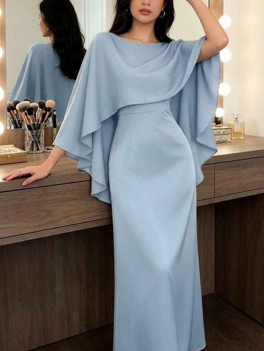 Đầm hè dành cho nữ, đầm đi nghỉ mát, đầm dự tiệc thanh lịch, đầm cưới và đầm dự tiệc, kết hợp với khăn choàng kiểu áo choàng duyên dáng và chi tiết khóa kéo ẩn để tôn lên vẻ thanh lịch tinh tế. Mùa xuân - Màu xanh lam - Xem 1