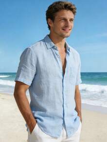 Camisa de manga corta casual estilo hawaiano para hombres, blusa versátil de moda minimalista americana para el verano - Azul - Ver 4