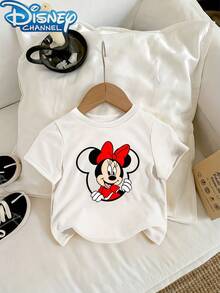 Disney 1pc Girls Casual Minnie Mouse Red Bow Peeking Print Short Sleeve T-Shirt Mommy And Me Matching Outfits Clothes For Girls Summer - trắng - Xem 2