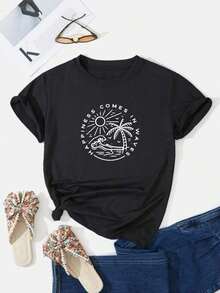 Camiseta de Cuello Redondo con Estampado de Coco para Mujer, Primavera Verano, Casual, Holgada, Manga Corta - Estilo Vintage Urbano, Unisex, 100% Algodón Puro - Negro - Ver 4