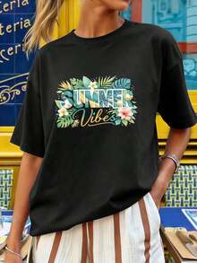 Camiseta con Estampado Gráfico Summer Vibes para Mujer, Otoño, Algodón Suave, Corte Relajado, Casual, Transpirable, Blusas Bonito 100% Algodón - Negro - Ver 6