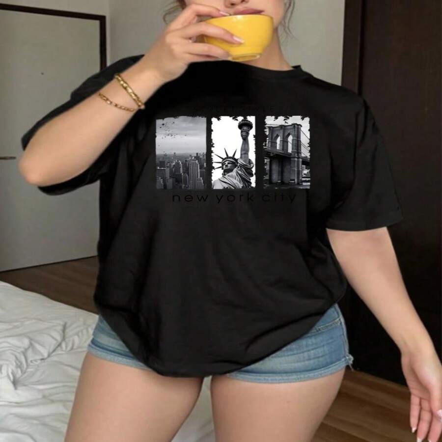Women's Casual Cotton Round Neck Short Sleeve T-Shirt with New York City Print Regular Fit Top - Negro - Ver 1