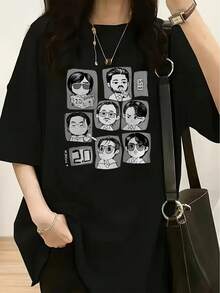 Camiseta holgada de cuello redondo con un patrón de  de cómic en blanco y negro estilo Q de 7 personajes, estilo moderno para mujer de primavera-verano.playeras de hombre playeras oversize de mujer y2k camisa de mujer camisa blusa casual mujer blusa elegante mujer ofertas - Negro - Ver 6