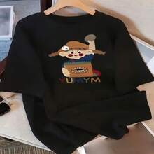 Women's Casual Black Cotton Round Neck Regular Short Sleeve T-Shirt with Cartoon Print and High Stretch Fabric for Everyday Wear - Negro - Ver 1