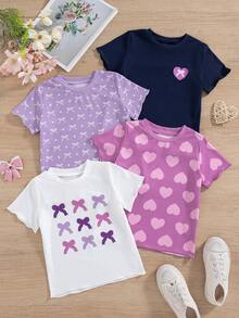 4件套女童休闲户外时尚爱心蝴蝶结印花短袖上衣，夏季 - 紫色 - 查看 1