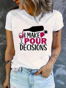 Camiseta blanca de manga corta con cuello redondo y un divertido diseño temático de vino para mujer, perfecta para uso casual en verano y primavera. Hecha con A, es lavable a máquina y tiene un tejido elástico de 180G, ideal para amantes del vino. - Negro - Ver 6