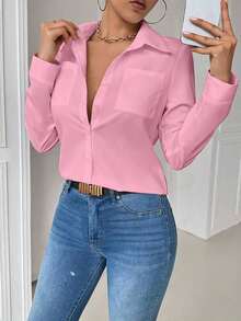 Blusa blanca casual con cuello y bolsillo, de manga larga ajustada para mujeres - Rosa - Ver 7